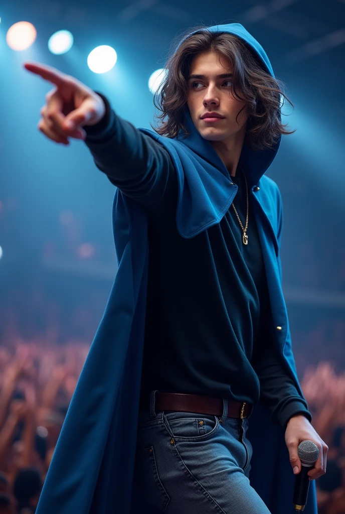 artwork best quality realistic image handsome american male teenager long brown hair light skin with dark blue cape coat and light blue hood on head with details blue long sleeve black shirt and gray pants underneath intricate details singing holding a microphone seen from afar pointing to the audience at a concert with details uhq 8k realism
