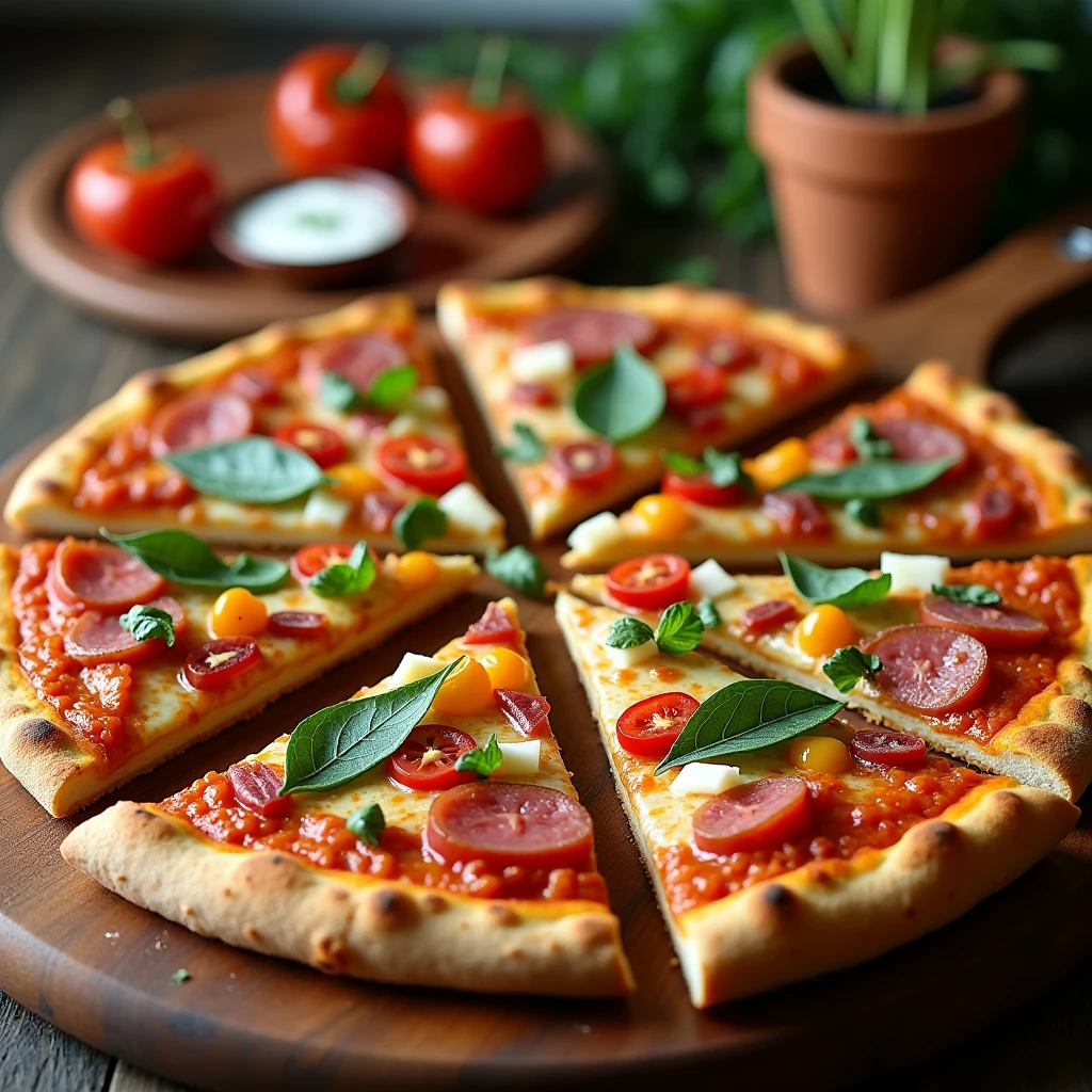 Create a super high-quality photograph of a delicious pizza, showcasing its mouth-watering toppings and perfectly baked crust. The image should feature a close-up view of the pizza, highlighting its golden-brown, crispy crust, melted cheese, and an assortment of fresh toppings such as vibrant vegetables, savory meats, and herbs. Arrange the pizza on a stylish plate or a wooden pizza board, with a few slices cut and artfully arranged to reveal the layers inside. Use natural or soft lighting to enhance the textures and colors of the pizza, ensuring the lighting accentuates the gooey cheese and crispy edges without creating harsh shadows. The background should be simple and neutral to keep the focus on the pizza. The photograph should be sharp and vivid, capturing the appetizing, flavorful appeal of the pizza in rich detail.