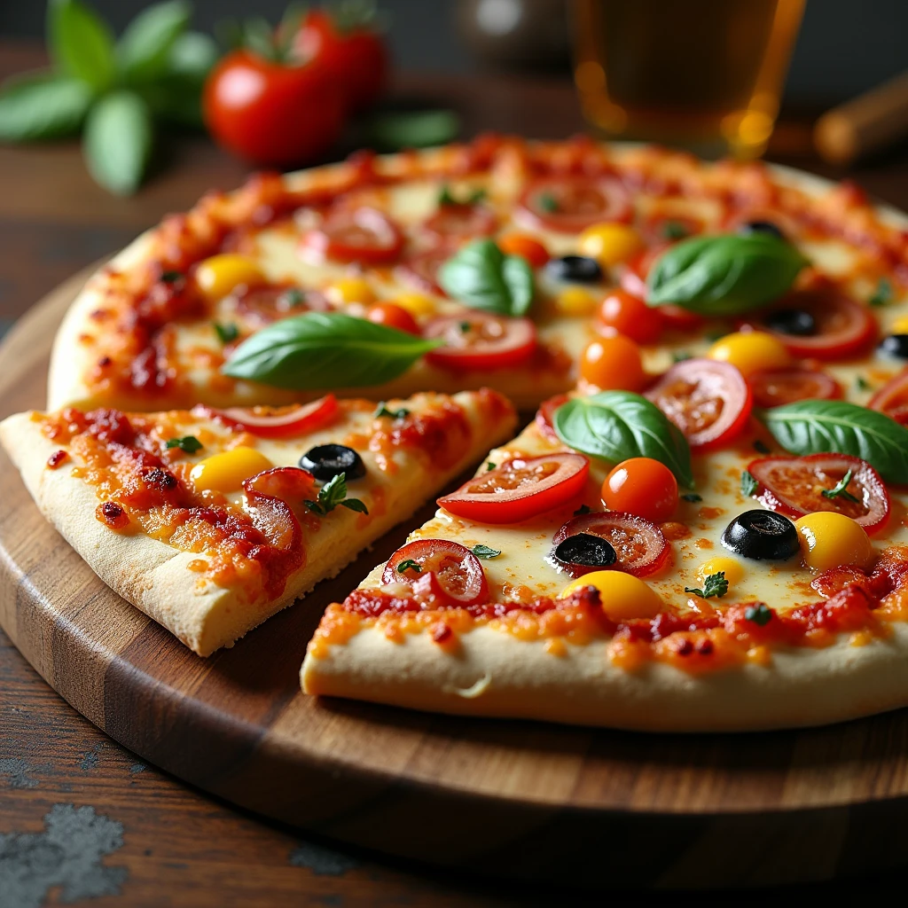 Create a super high-quality photograph of a delicious pizza, showcasing its mouth-watering toppings and perfectly baked crust. The image should feature a close-up view of the pizza, highlighting its golden-brown, crispy crust, melted cheese, and an assortment of fresh toppings such as vibrant vegetables, savory meats, and herbs. Arrange the pizza on a stylish plate or a wooden pizza board, with a few slices cut and artfully arranged to reveal the layers inside. Use natural or soft lighting to enhance the textures and colors of the pizza, ensuring the lighting accentuates the gooey cheese and crispy edges without creating harsh shadows. The background should be simple and neutral to keep the focus on the pizza. The photograph should be sharp and vivid, capturing the appetizing, flavorful appeal of the pizza in rich detail.