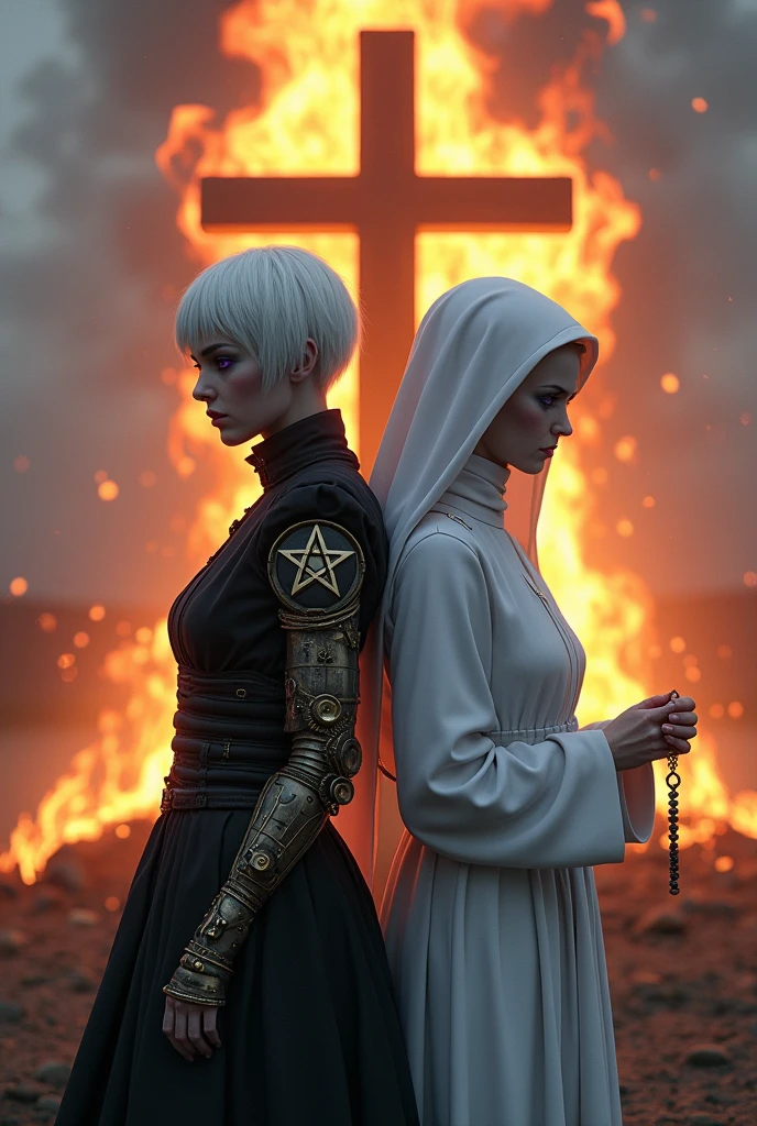 Two pale middle-aged girls chained together with violet eyes and white hair, with the one on the left with short hair in dark alchemist clothes and with a steampunk prosthesis holding a dagger with the baphomet symbol in her left hand, and a cut on the face, and the one on the right in white nun&#39;s clothes holding a rosary, with a burning church behind, the night.