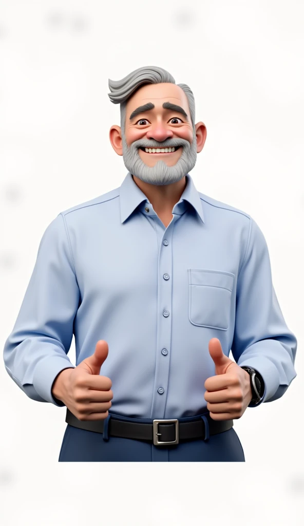 Cartoon character of a man approximately 70 years old, short gray hair slicked back, with blue shirt, smiling confidently while giving two thumbs up, animation character, stylized character, animation style rendering, 3d stylized, Arnold Maya rendering, Stylized 3D rendering, toon render screenshot, 3d character, 3d character, Stylized 3D rendering, 3D character rendering, cartoon character, Personagem de close up, character posing, (Pixar-style) (master part:1.2) (bokeh) (best qualityer) (skin detailed) (detailed texture) (8k) (Argilla) (cinematic lighting) (sharp focus