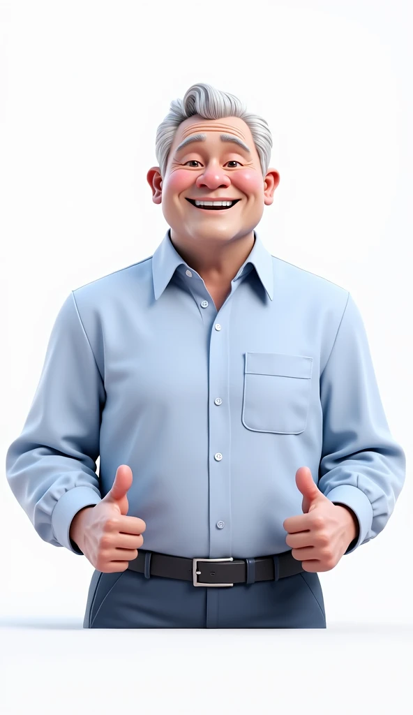 Cartoon character of a man approximately 70 years old, short gray hair slicked back, with blue shirt,  smiling confidently while giving two thumbs up, animation character, stylized character, animation style rendering, 3d stylized, Arnold Maya rendering, Stylized 3D rendering, toon render screenshot, 3d character, 3d character, Stylized 3D rendering, 3D character rendering, cartoon character, Personagem de close up, character posing, (Pixar-style) (master part:1.2) (bokeh) (best qualityer) (skin detailed) (detailed texture) (8k) (Argilla) (cinematic lighting) (sharp focus