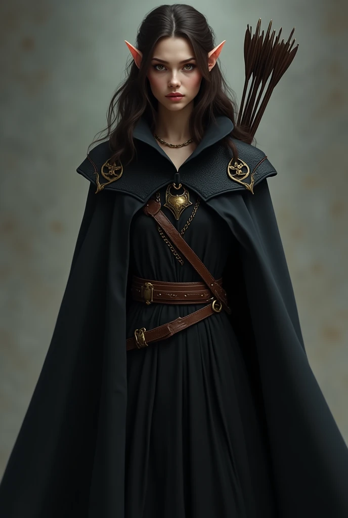 Draw a full-body, standing female half-elf with eyes that are not green and are VERY DARK, THE DARKEST POSSIBLE, Caucasian skin, little elf ears, eyes black, dark brown hair, wearing a black cloak with gold details and a built-in hood with a quiver on his back with a handful of arrows. Her eyes are extremely dark and this is her most obvious feature..