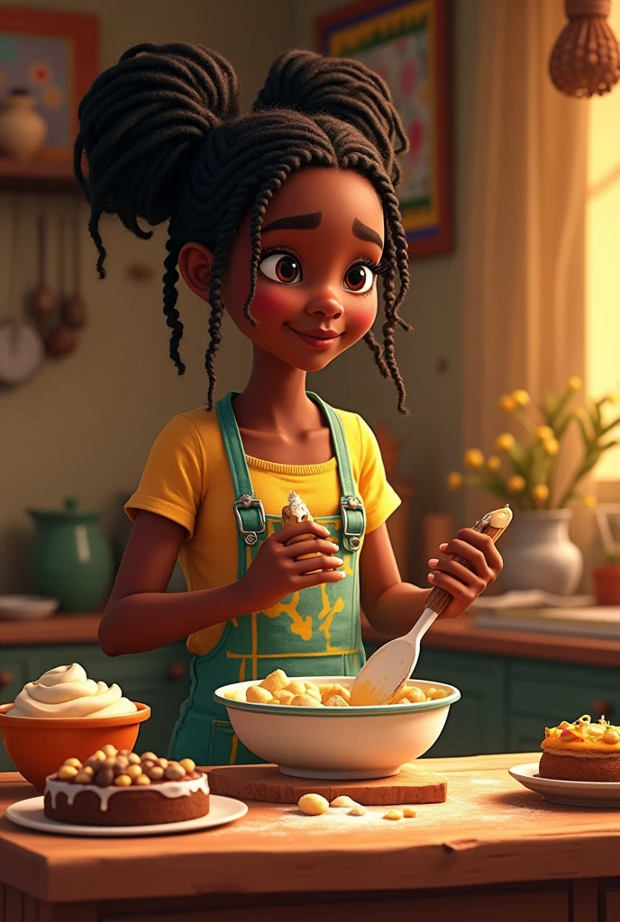 An african girl baking cakes while listerning to music