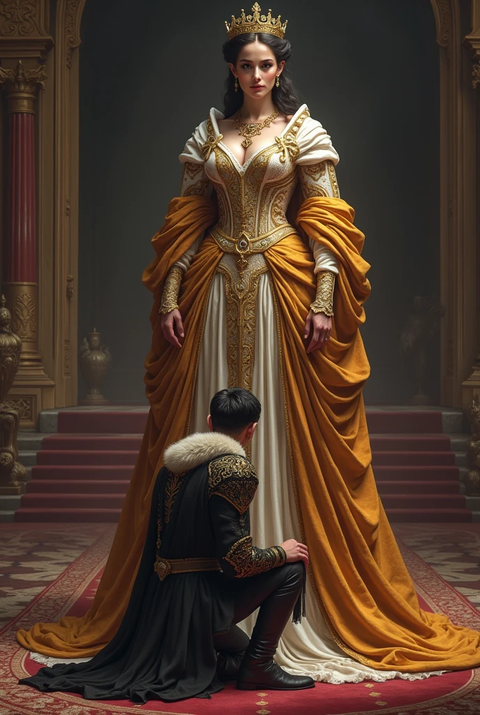 A queen in a huge dress and a man kneeling in front of her