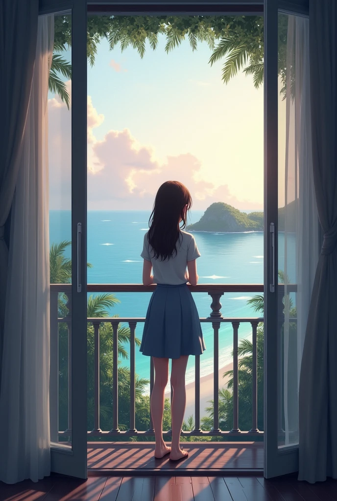 The Hotel Balcony: In this part, The girl could be on the balcony of her room, observing the landscape of the island. This space is intimate and allows for a moment of introspection., where the natural environment of the sea and the sky become a reflection of your emotional state. The balcony offers a panoramic view that connects the protagonist with the outside world., but at the same time maintains its feeling of isolation.
