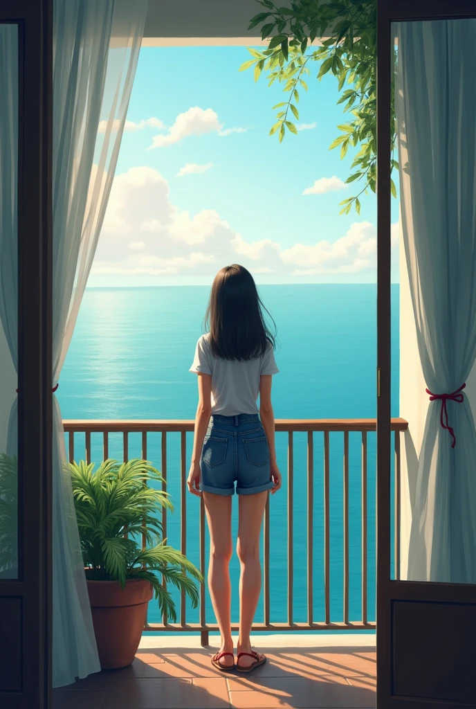 The Hotel Balcony: In this part, The girl could be on the balcony of her room, observing the landscape of the island. This space is intimate and allows for a moment of introspection., where the natural environment of the sea and the sky become a reflection of your emotional state. The balcony offers a panoramic view that connects the protagonist with the outside world., but at the same time maintains its feeling of isolation.