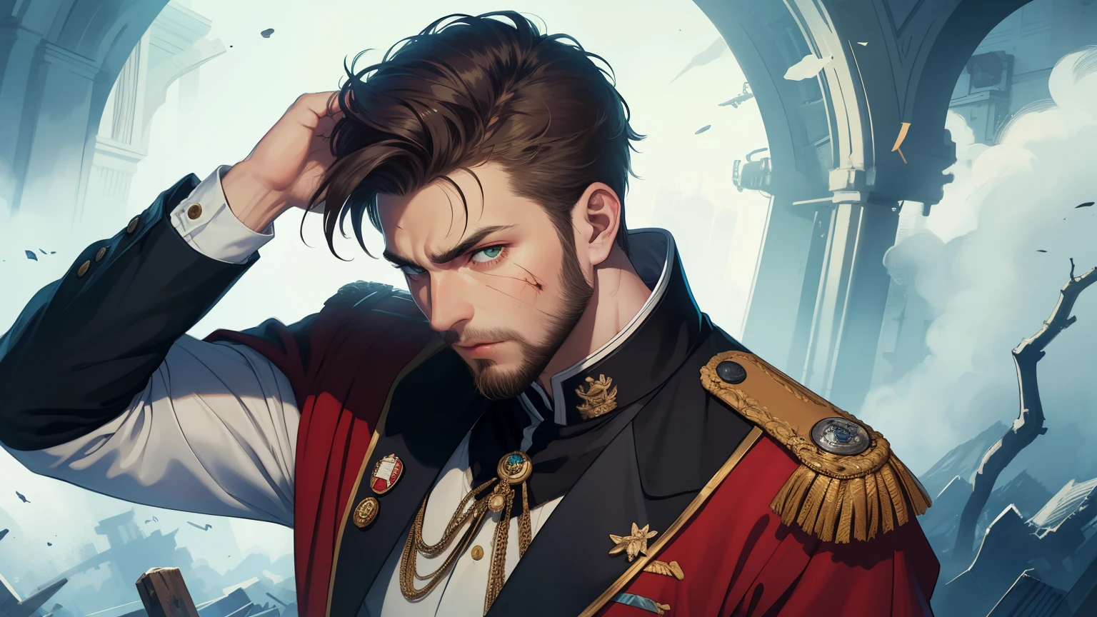 young man, short dark blonde hair, beard, royal uniform, wounded, green eyes, aggresive look, perfect eyes, high quality, more details