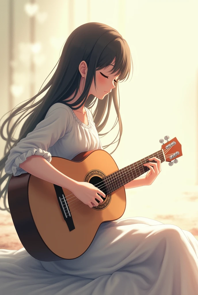 Pretty anime girl with long dark hair with closed eyes sitting sideways playing a guitar 
