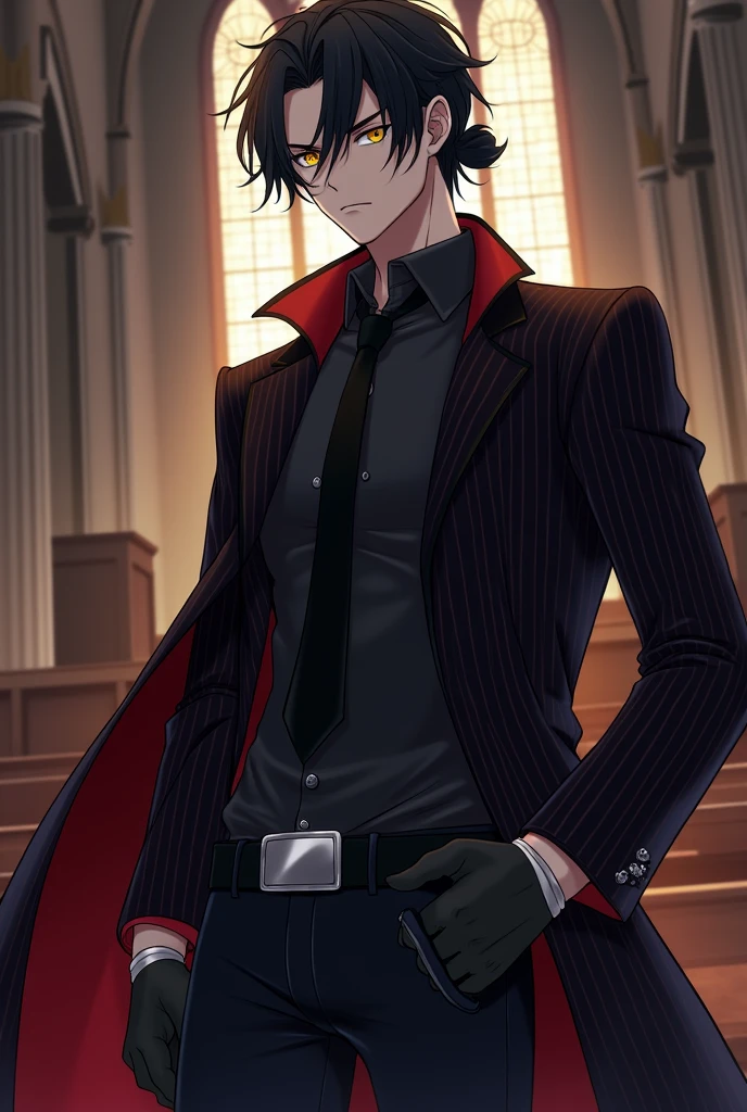 A pale man with medium length black hair ties in a messy low bun and yellow eyes . He wears a black button-up shirt with a black tie, a black and red pinstriped coat, black jeans has a black belt with a silver oval buckle, and black boots. He also wears a pair of black gloves. He is very laid-back man who never seems to get distressed at anything.
The picture must be in anime style and he has laid-back villain charm, smiling in a care free attitude
He is in a gothic church