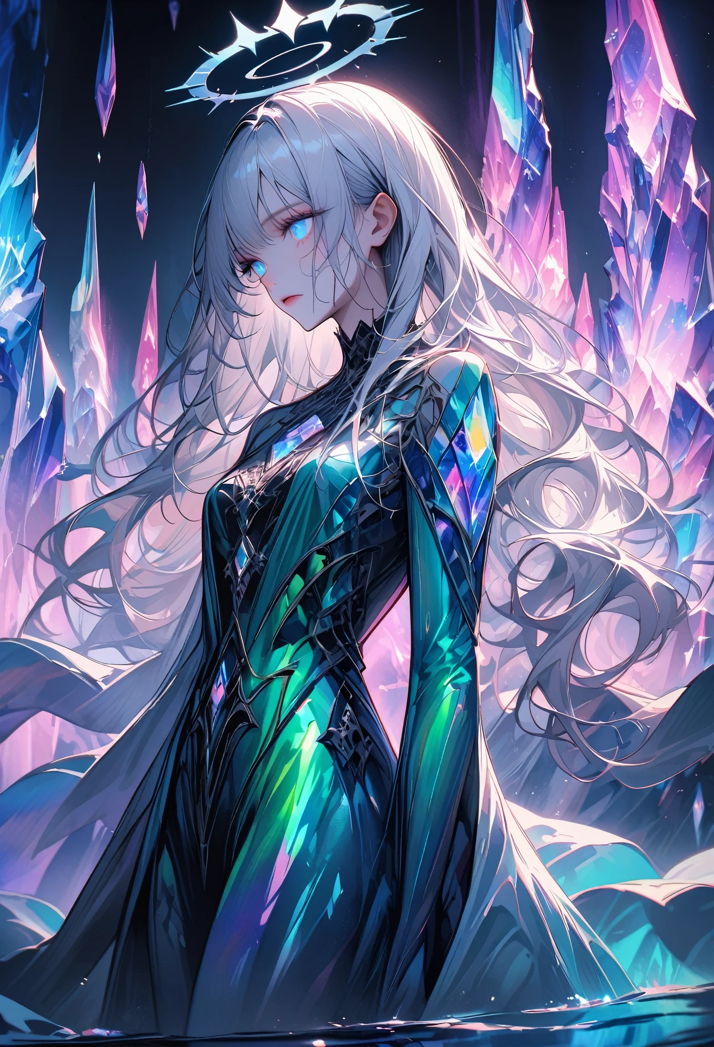 solo, female, close up, statuesque figure, silver hair, long hair, emerald robes growing from her skin, billowing robes, iridescent gemstones, luminescent gemstones, gemstone on shoulder, glowing eyes, blue eyes, crystal structures, blue sky, calm lake, walking on water, calm expression, silver halo, otherworldly landscape, aurora borealis, patter iris, magic, tiny waist, floating, dejected look, crystal hair, glass skin, ethereal being, 
