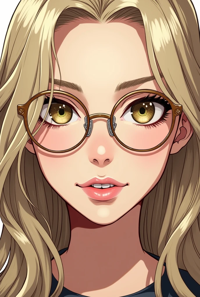 Style manga, une femme de 30 ans, blanche avec les yeux ambres dont des touches de verts. Elle est blonde foncé avec des mèches plus claires. Les cheveux sont longs et lisses. Elle porte des lunettes arrondies dorées. Elle a un nez fin et des lèvres fines ses dents sont légèrement excentrées. 