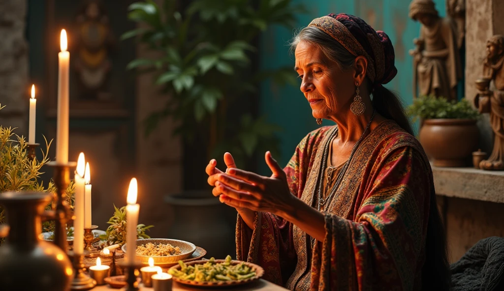 Create an ultra-realistic image of a traditional Brazilian healer woman, 60 years old dressed in exquisite clothes. She is performing a blessing ritual. The healer holds a bundle of herbs, like rue and basil, In your hands. His expression is serene and focused as he performs the ritual.. in the background candles, aromatic herbs, various saints, demonstrating energy and blessing