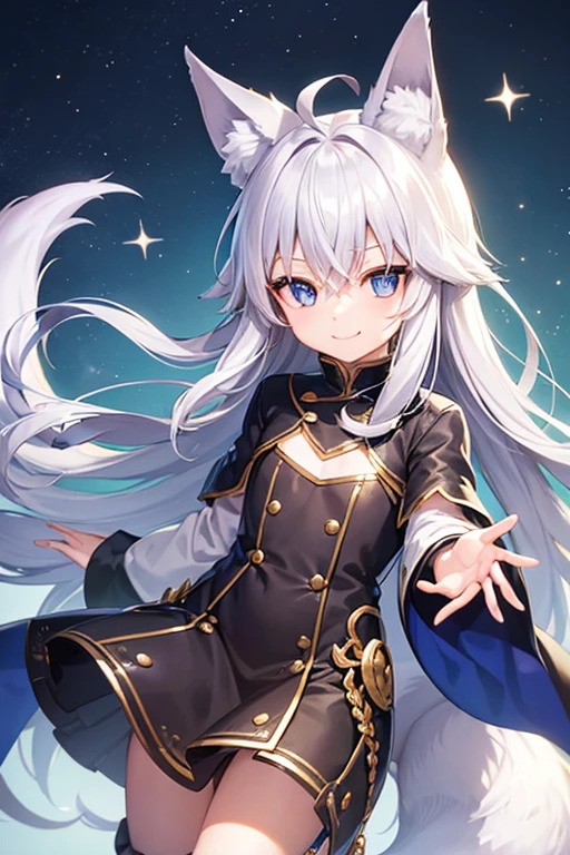 child,Fox Ears,Silver Hair, Ahoge, smile, blue eyes, 