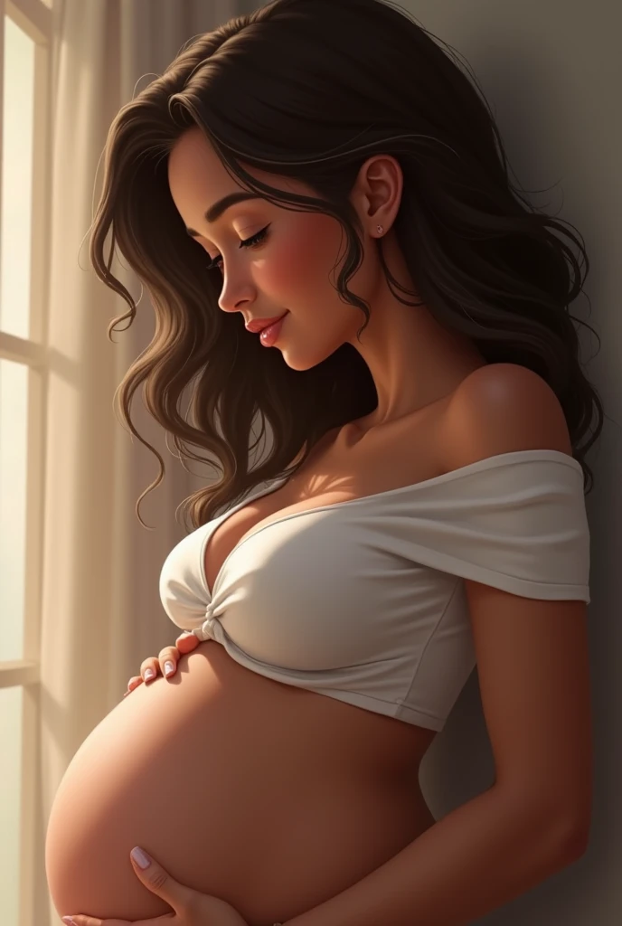 Create a girl with dark skin and wavy brown hair with gray eyes pregnant looking at her face with love