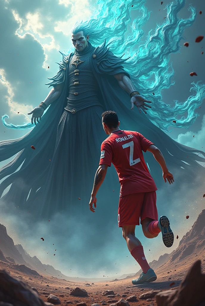 Create a picture of Satoru Gojo (Jujutsu Kaisen character) fighting with Cristiano Ronaldo