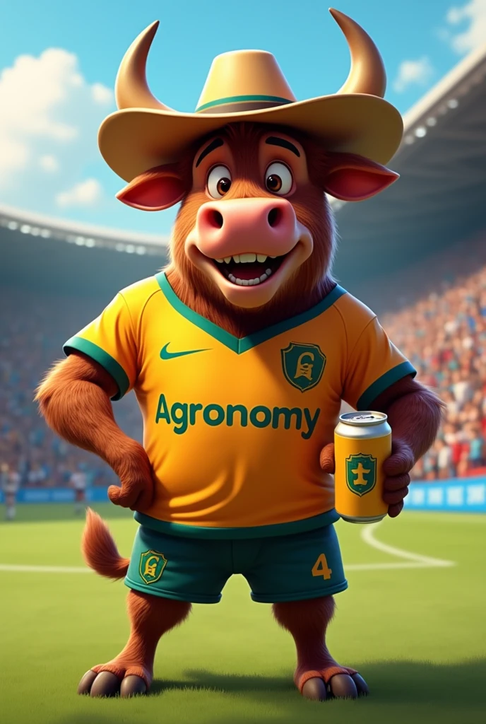 Animated Jersey bull wearing a cowboy hat with a can of beer in his hand, for a soccer team mascot and that on the shirt says AGRONOMY