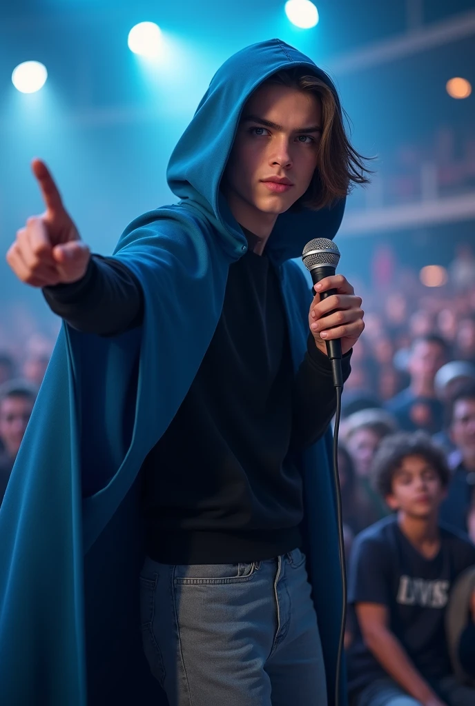 artwork best quality realistic image handsome american male teenager long brown hair light skin with dark blue cape coat and light blue hood on head with details blue long sleeve black shirt and gray pants underneath intricate details singing holding a microphone seen from afar pointing to the audience at a concert with details uhq 8k realism