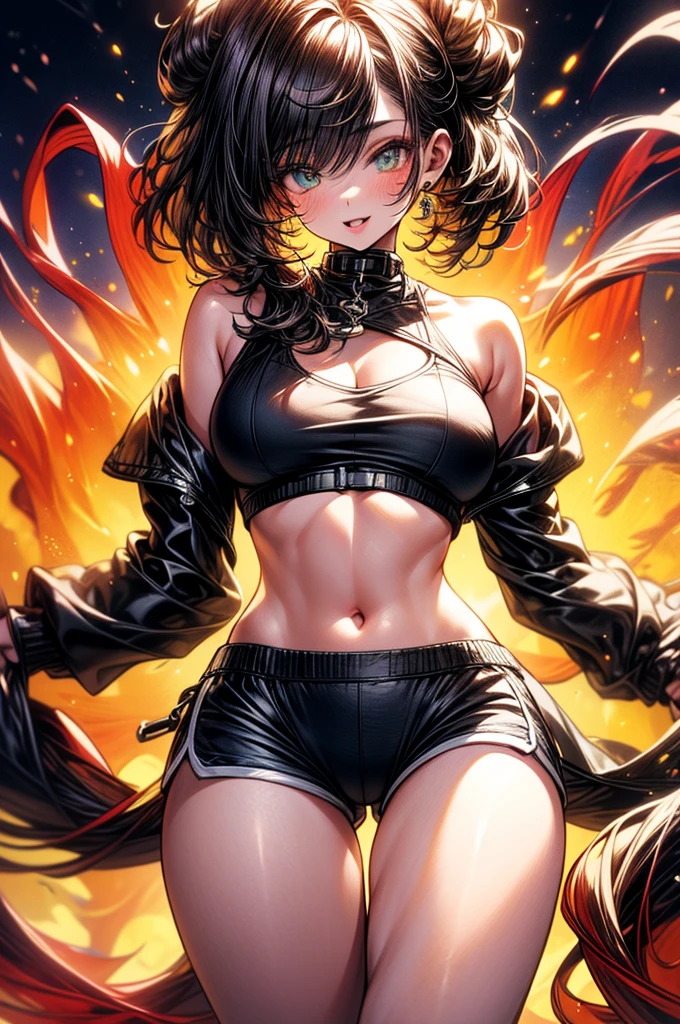highest quality, ultra high resolution, super detailed, gorgeous, masterpiece, best quality, high resolution finely detailed, extremely beautiful, distinct image, ((identical twins)), two twins, low cut top, dolphin shorts,, ((best quality)) ((best quality)), ((masterpiece)), (detailed), 4k image, anime style, mole under the eye, beautiful young girl, girls, fair white skin, oval shaped face, seductive and sharp facial features, astonishing sex appeal, curly hazel-brown hair, slim, curvy body, green eyes, full lips, medium height, large breasts, short height(150cm), curvy hips and body