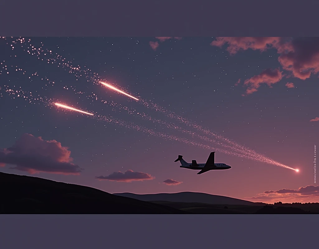 a view of a plane flying over a hill under a night sky, perseides meteor shower, meteor shower, shooting star in background, meteors are falling from the sky, meteors, meteors falling, shooting star, during a meteor storm, night sky with many meteorites, shooting stars, shining meteor, on a clear magnificent night sky, meteor, meteorites