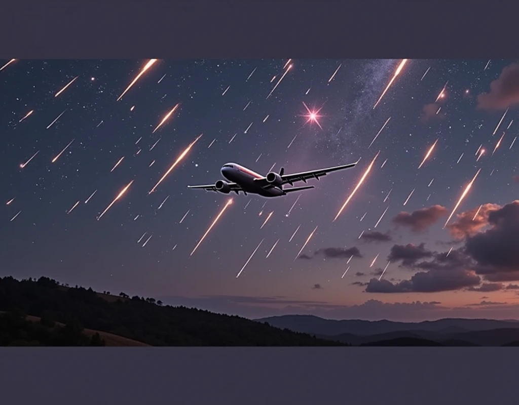 a view of a plane flying over a hill under a night sky, perseides meteor shower, meteor shower, shooting star in background, meteors are falling from the sky, meteors, meteors falling, shooting star, during a meteor storm, night sky with many meteorites, shooting stars, shining meteor, on a clear magnificent night sky, meteor, meteorites