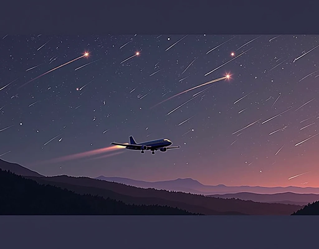 a view of a plane flying over a hill under a night sky, perseides meteor shower, meteor shower, shooting star in background, meteors are falling from the sky, meteors, meteors falling, shooting star, during a meteor storm, night sky with many meteorites, shooting stars, shining meteor, on a clear magnificent night sky, meteor, meteorites