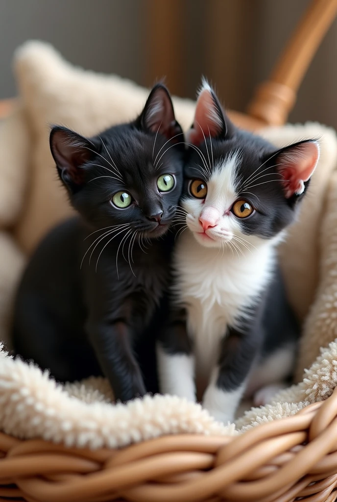 Two kittens together, a black one with green eyes and a black and white one with brown eyes