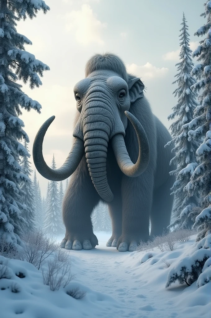 Mammoth elephant on the snow pine trees