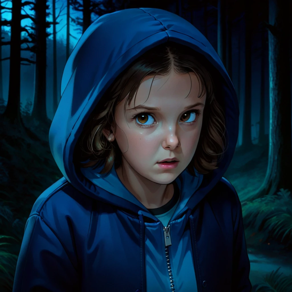 milli3 woman, millie bobby brown, 1 girl wearing blue jacket and hood, netflix, stranger things, eleven, dark forest setting, scared expression