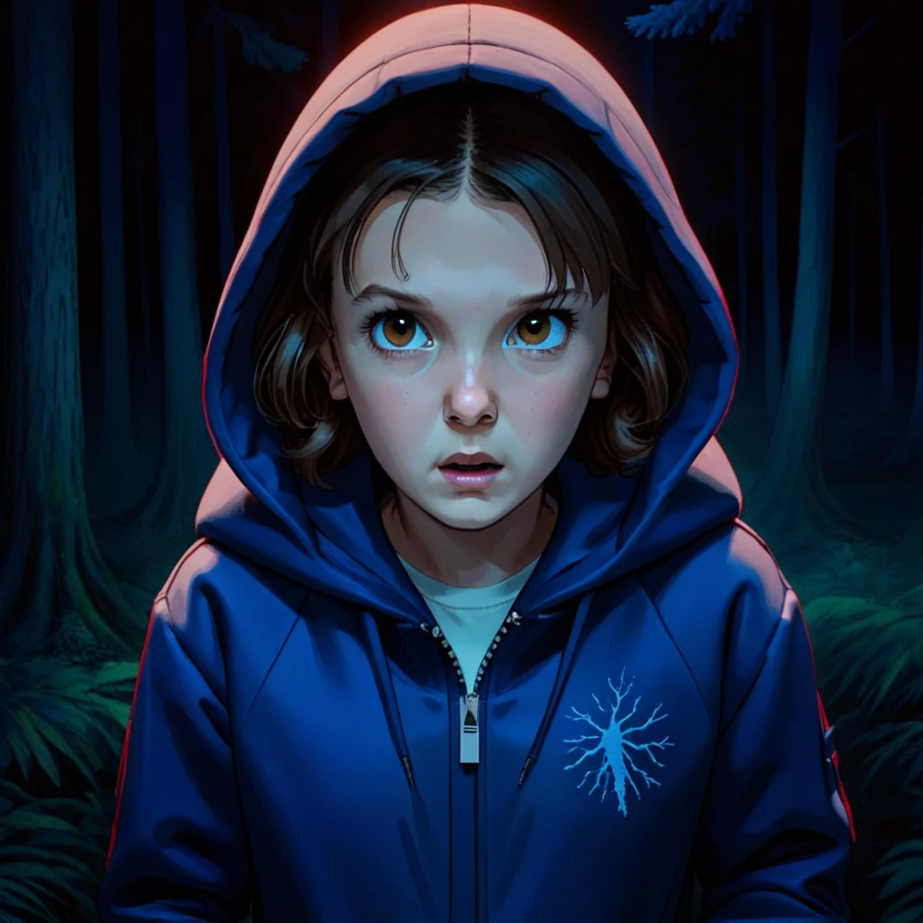 milli3 woman, millie bobby brown, 1 girl wearing blue jacket and hood, netflix, stranger things, eleven, dark forest setting, scared expression