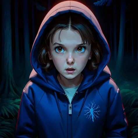 milli3 woman, millie bobby brown, 1 girl wearing blue jacket and hood, netflix, stranger things, eleven, dark forest setting, sc...