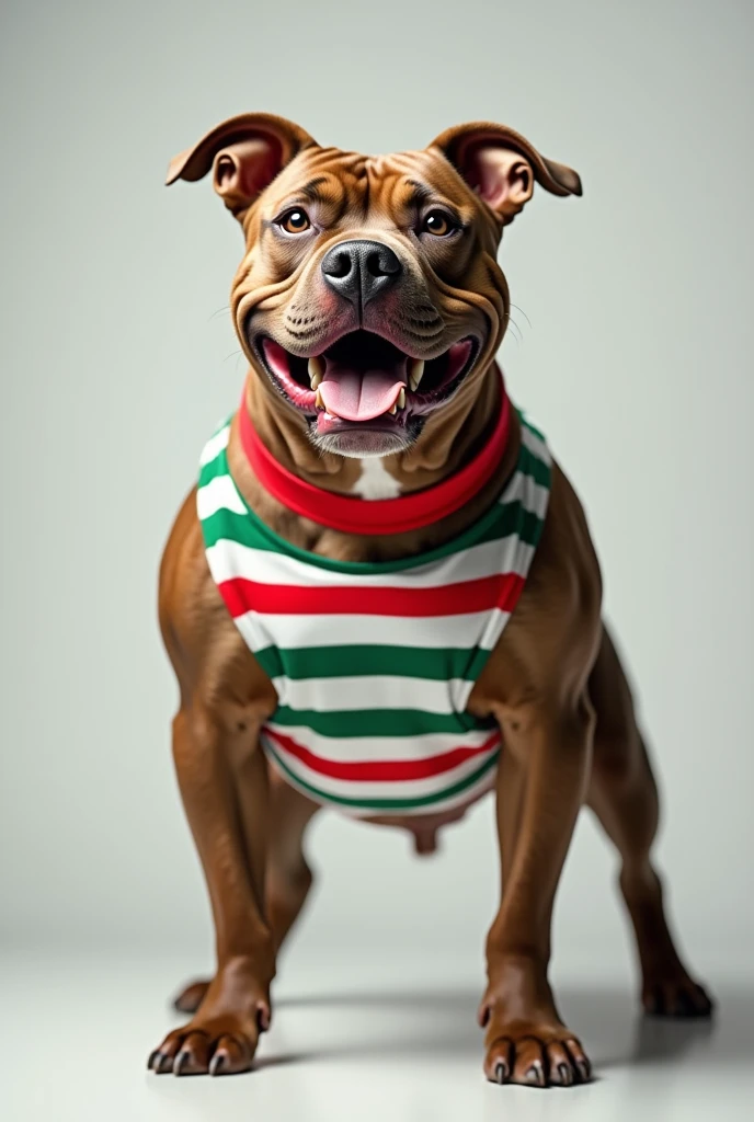 pitbull wearing green red and white striped shirt