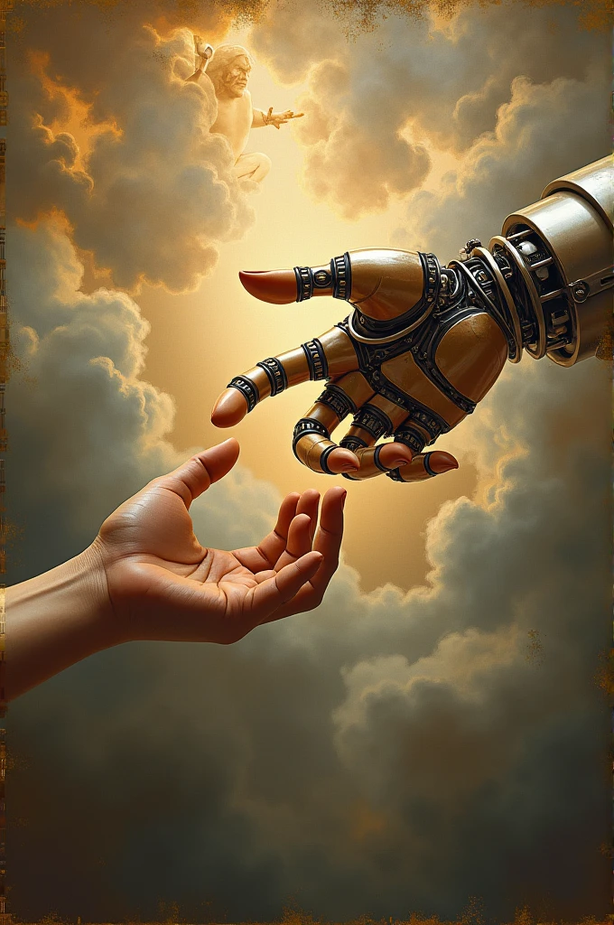 The hands from the famous painting the creation of Adam. One hand is robot, the other is human. In the style of Michelangelo