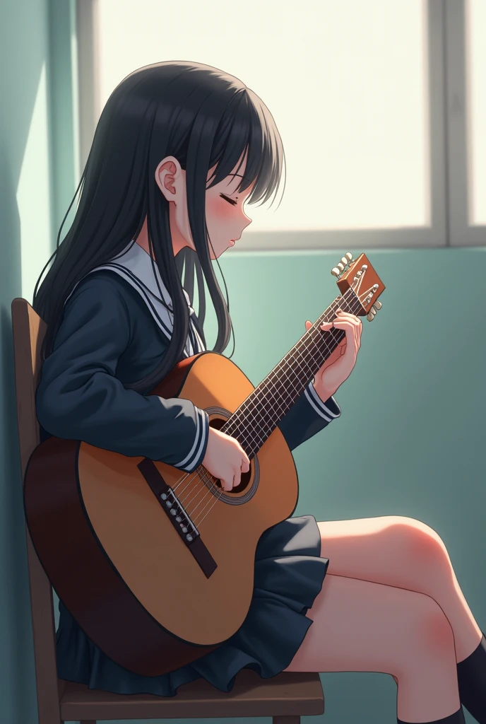 Pretty anime girl in school uniform with long dark hair with eyes closed sitting sideways playing a guitar