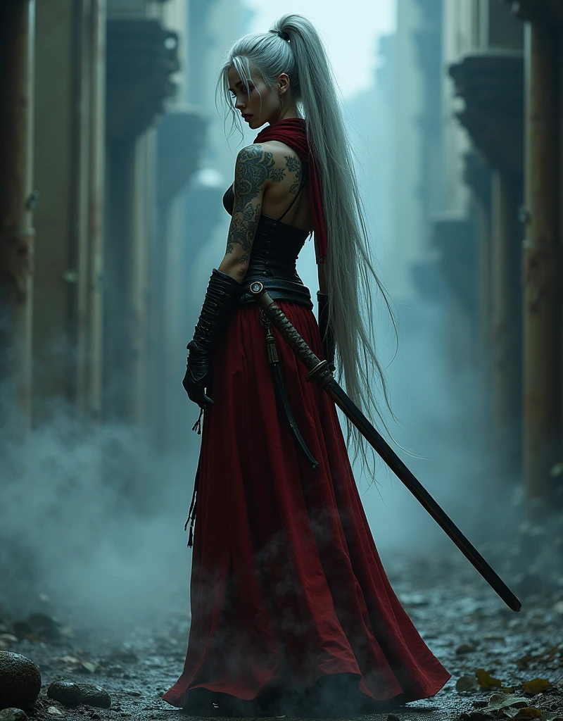 night, very dimly lit, dense fog on ground, highly detailed, intricate, random view angle, skinny female warrior, holding katana, extensively tattooed, confidence, asserted, lost in thoughts, exhausted, battle worn, disappointed, fantasy futuristic mixed setting, extremely long voluminous silver hair, extremely long voluminous ponytail, long red scarf, warriors corset, low-rise flowing maxi skirts, metallic finish, very strong wind, old abandoned overgrown ruins,