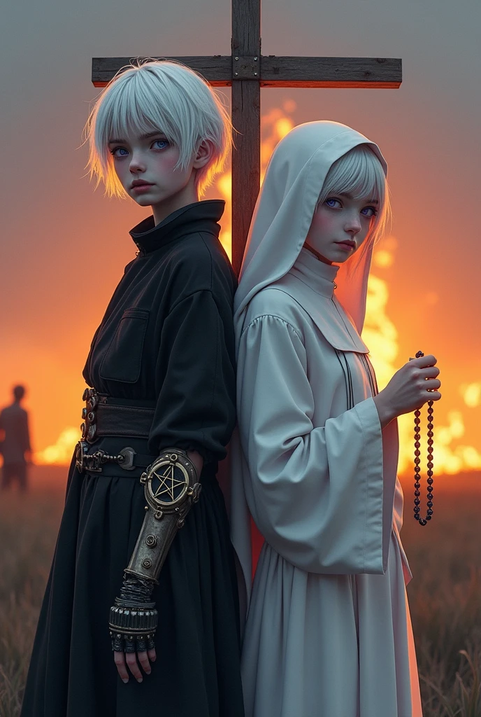 Two pale middle-aged pre-teens back to back with violet eyes and white hair, with the one on the left with short white hair in dark alchemist clothes and with the left arm with a steampunk prosthesis with a pentagram raised, and the one on the right in white nun's clothes with a rosary, at sunset with a bonfire behind with a cross in the middle behind