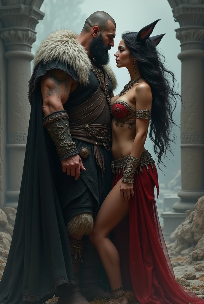 A Viking Jarl, bearded man dressed in black with a large and muscular build, attractive and with the bearing of a king and short hair and his human lycan wife, belly dancer, sexy and very attractive with wolf ears 