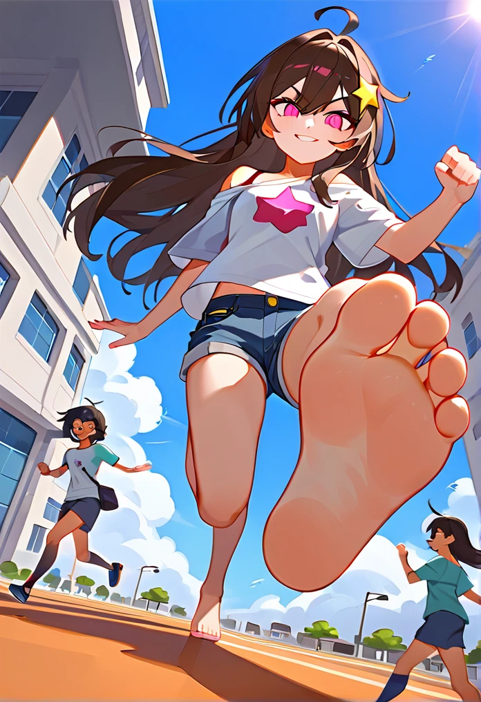 Fraction_9,Fraction_8_Direction_7_up,1 girl standing on one leg,Smirk,Lift one foot,Show your big feet,suns,barefoot,Female Giant,Clear facial features,Perfect facial features,Many buildings around,Low Angle,Denim shorts,There are bangs between the eyes,Off-shoulder T-shirt,Long hair,Dark brown haive-pointed star on hair,Perfect feet,Pink Eyes,Low Angle,Many little people escaped from under the Female Giant,Many little people running on the ground,The running little people showed scared expressions,Sky,