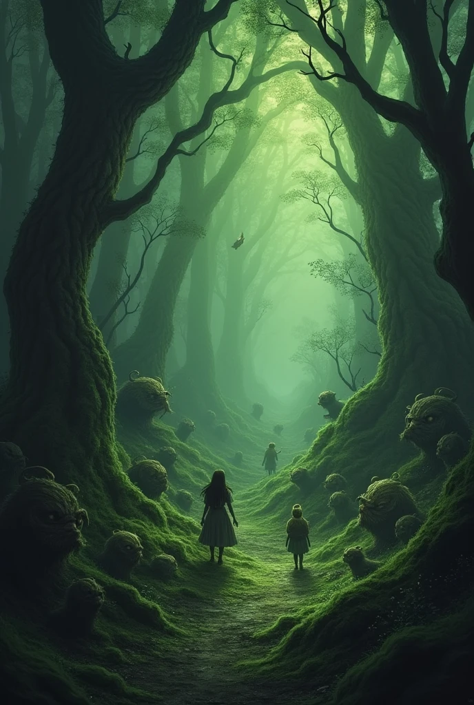 Dark forest-type world with greenish and dark gray tones in which there is a whole ecosystem of small magical creatures including tiny greenish fairies and more creatures like small trolls., unknown species and more, The forest is dark and there are small, ugly, scary creatures..