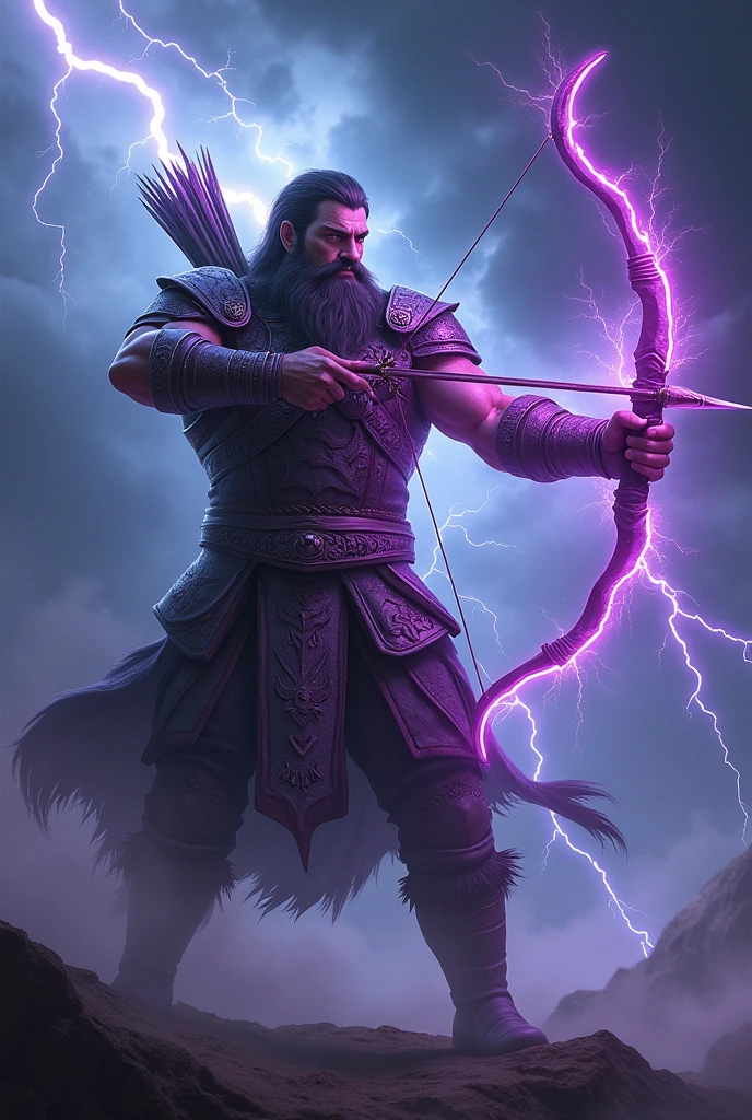 Create a character that uses the lightning element as its main affinity and I want him to be an archer with the lightning colors purple or blue. I want the character to be male and with a beard.