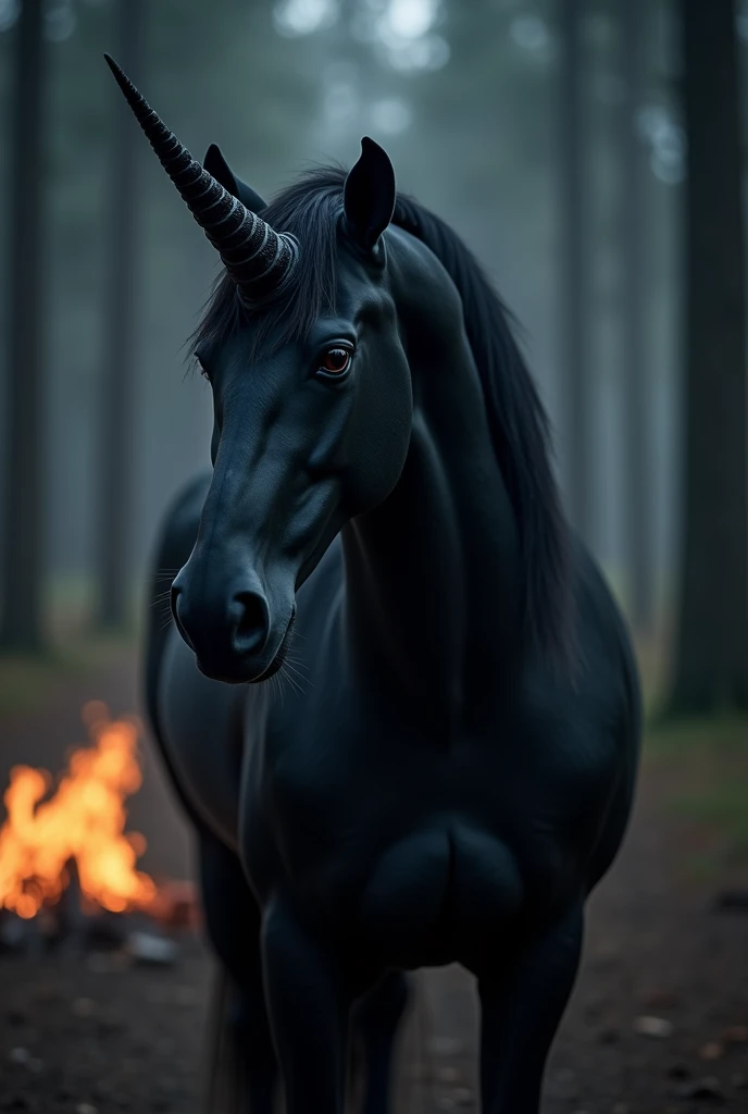 realistic photo of a black unicorn mythological horse being with a horn on its forehead, Big and imposing, em pé the night , in the middle of a dark forest , he with matte black fur, sharpness in his fur, your horn looks real, and made of black bone. the lighting done directly on it in a close-up photograph, as a discovery of a hidden being, an organic and spontaneous photo, tudo no escuro dthe night. the night. with a bonfire near the back illuminating the place