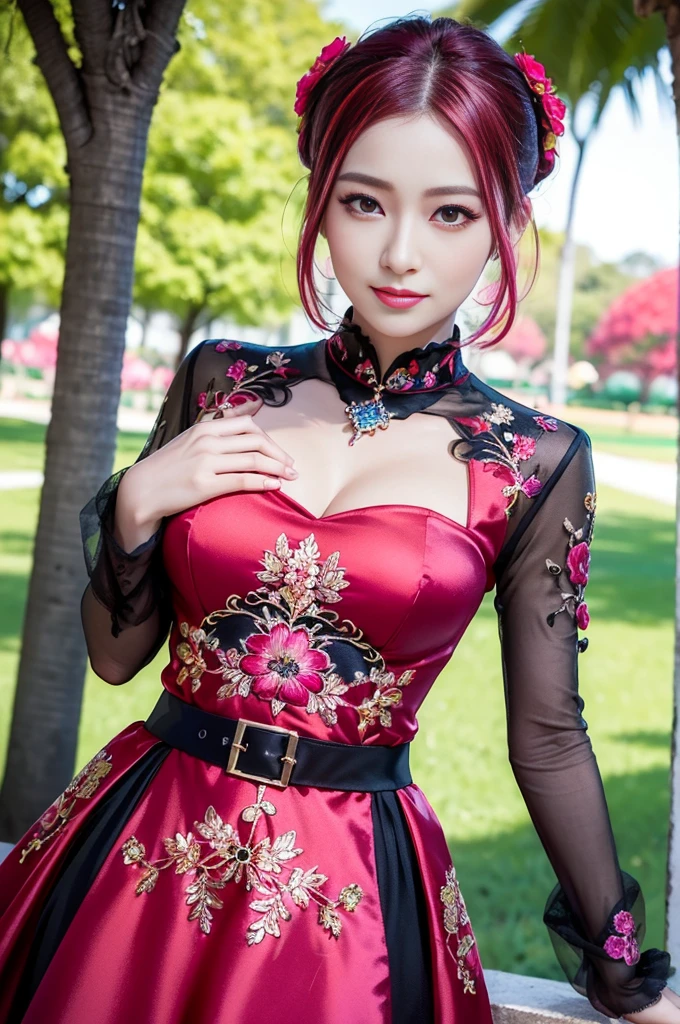 (masterpiece:1.4), (best quality:1.4), ultra high res, ultra high resolution, ((detailed facial features)), HDR, (realistic, photorealistic, photo-realistic:1.37), full body Esbian, sexy Vietnamese model, (-anime), vivid colors, ((vivid colors multicolor (red, fuchsia) very short hair)), (happy smile), lip-gloss, long lashes, ultra detailed metallic makeup, defined eyebrows, wearing large sparkling colorful jewelery, (wearing a red silk Paradise Kiss cosplay dress with black floral embroidery), ((vivid colors outfit)), vivid colors, look at the camera, cinematic light, large park background with trees, sweet and sexy pose