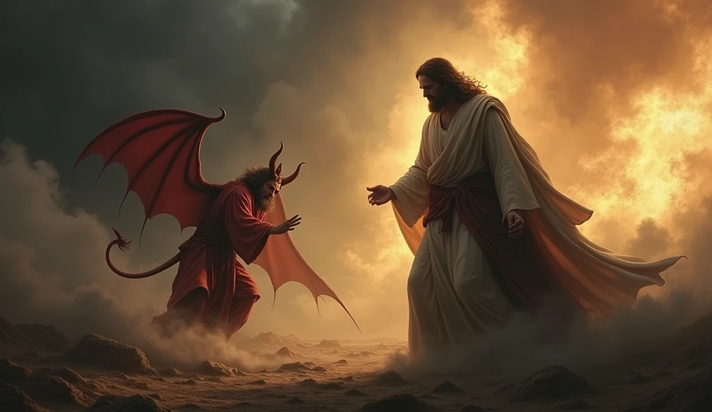 The Devil retreating in despair, with shadow cast behind him, while Jesus stands firm. The scene is intense, with dark clouds dissipating around the Devil.
