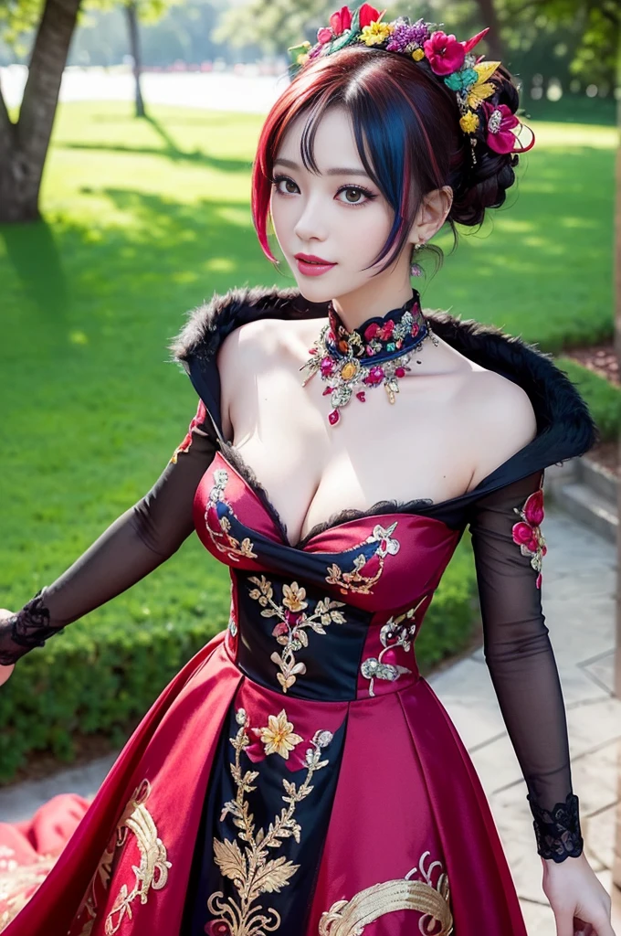 (masterpiece:1.4), (best quality:1.4), ultra high res, ultra high resolution, ((detailed facial features)), HDR, (realistic, photorealistic, photo-realistic:1.37), full body Esbian, sexy Vietnamese model, (-anime), vivid colors, ((vivid colors multicolor (red, fuchsia) very short hair)), (happy smile), lip-gloss, long lashes, ultra detailed metallic makeup, defined eyebrows, wearing large sparkling colorful jewelery, (wearing a red silk Paradise Kiss cosplay dress with black floral embroidery), ((vivid colors outfit)), vivid colors, look at the camera, cinematic light, large park background with trees, sweet and sexy pose