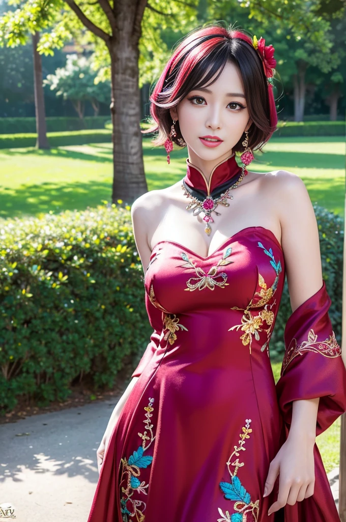 (masterpiece:1.4), (best quality:1.4), ultra high res, ultra high resolution, ((detailed facial features)), HDR, (realistic, photorealistic, photo-realistic:1.37), full body Esbian, sexy Vietnamese model, (-anime), vivid colors, ((vivid colors multicolor (red, fuchsia) very short hair)), (happy smile), lip-gloss, long lashes, ultra detailed metallic makeup, defined eyebrows, wearing large sparkling colorful jewelery, (wearing a red silk Paradise Kiss cosplay dress with black floral embroidery), ((vivid colors outfit)), vivid colors, look at the camera, cinematic light, large park background with trees, sweet and sexy pose