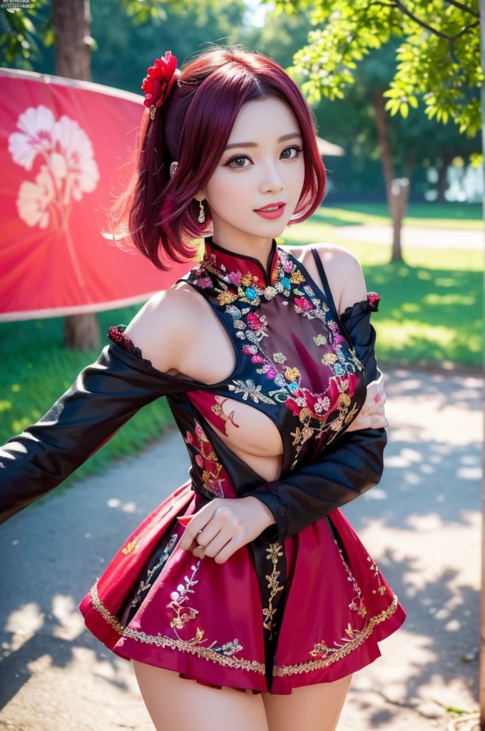 (masterpiece:1.4), (best quality:1.4), ultra high res, ultra high resolution, ((detailed facial features)), HDR, (realistic, photorealistic, photo-realistic:1.37), full body Esbian, sexy Vietnamese model, (-anime), vivid colors, ((vivid colors multicolor (red, fuchsia) very short hair)), (happy smile), lip-gloss, long lashes, ultra detailed metallic makeup, defined eyebrows, wearing large sparkling colorful jewelery, (wearing a red silk Paradise Kiss cosplay dress with black floral embroidery), ((vivid colors outfit)), vivid colors, look at the camera, cinematic light, large park background with trees, sweet and sexy pose