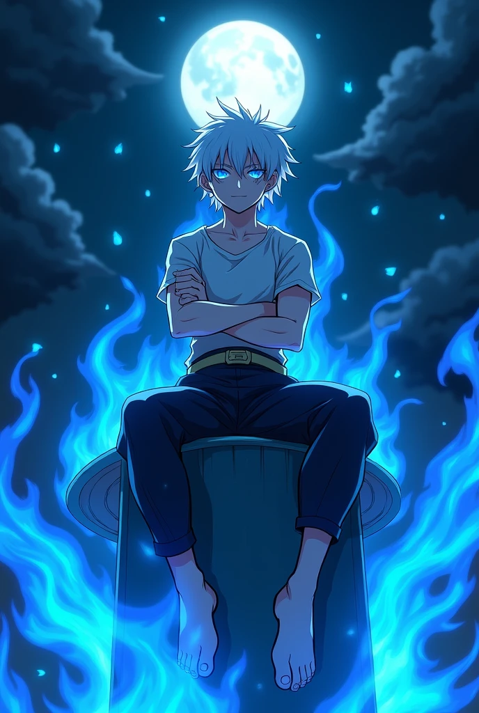 Blue-eyed albino teenager measuring 1,90 who controls blue fire in full body anime style while lying on a pillar surrounded by blue fires while having his arms crossed with a serious look while his eyes shine a little in a square at night under the full moon with a scar on his right eye with the same clothes that Toji Fushiguro from Jujutsu Kaisen has