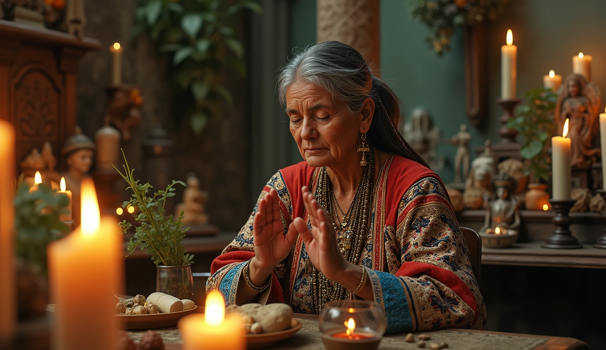Create an ultra-realistic image of a traditional Brazilian healer woman, 60 years old dressed in exquisite clothes. She is performing a blessing ritual. The healer holds a bundle of herbs, like rue and basil, In your hands. His expression is serene and focused as he performs the ritual.. in the background candles, aromatic herbs, various saints, demonstrating energy and blessing