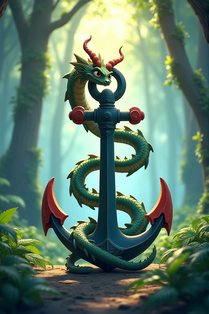 Ancre style animé avec un dragon autour , arrière plan foret