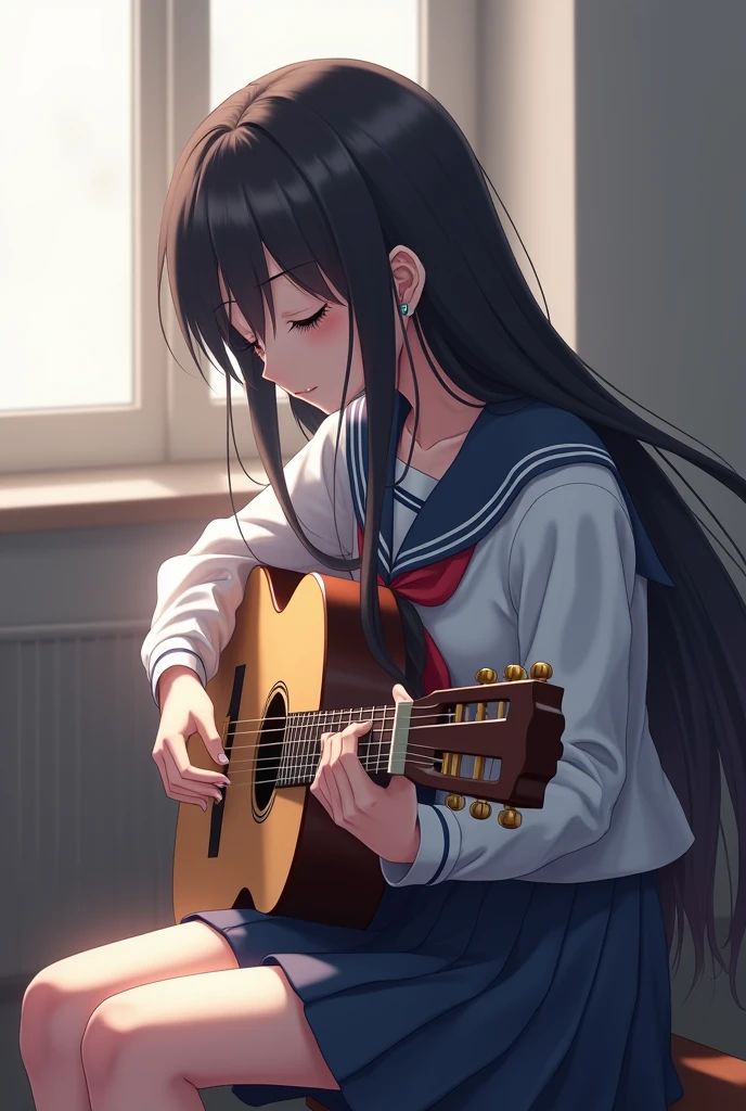 Pretty anime girl in school uniform with long dark hair with eyes closed sitting sideways playing a guitar 
